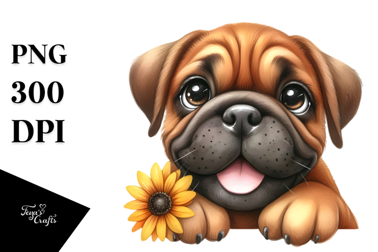 Happy Cute Bullmastiff Dog, Watercolor Art