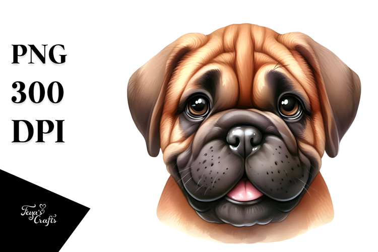 Happy Cute Bullmastiff Dog, Watercolor Art