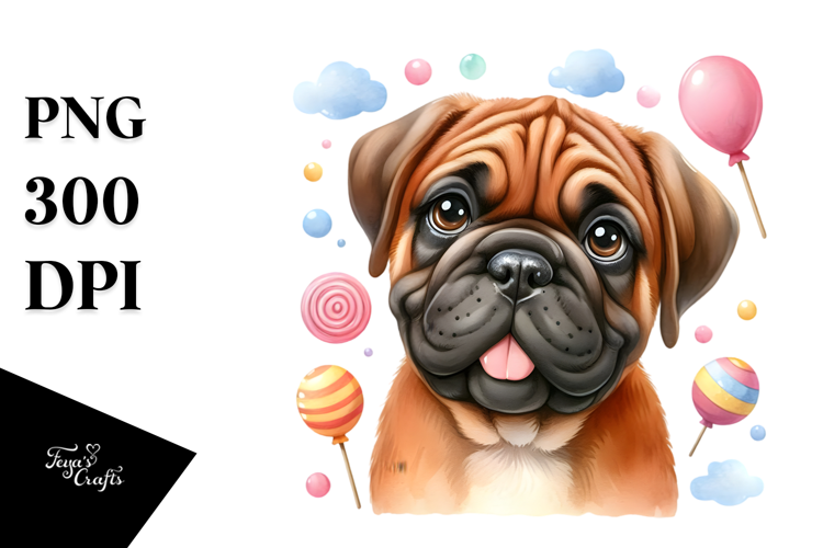 Happy Cute Bullmastiff Dog, Watercolor Design
