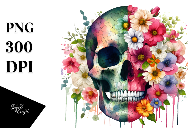 Colorful Skull made of Spring Flowers, High-Quality PNG