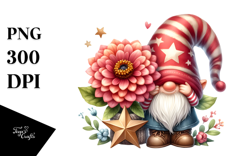 Cute Gnome with Zinnia Floral, Watercolor Art