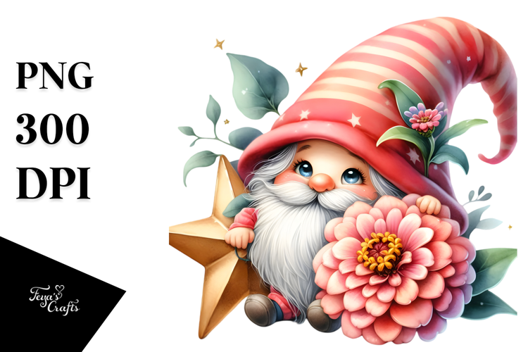 Cute Gnome with Zinnia Floral, Watercolor Art