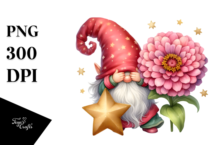 Cute Gnome with Zinnia Floral, Watercolor Design