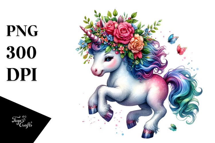 Baby Unicorn Running with Floral Wreath, PNG