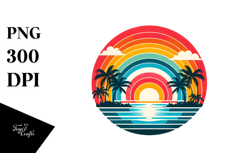Retro Tropical Rainbow Sunset, PNG