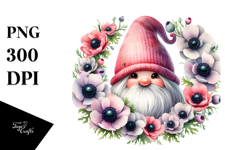 Cute Gnome with Anemone Floral Frame, Watercolor Art