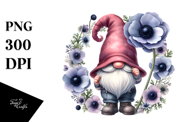 Cute Gnome with Anemone Floral Frame, Watercolor Design