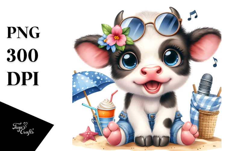 Cute Baby Cow Dressed for the Beach PNG example image 1