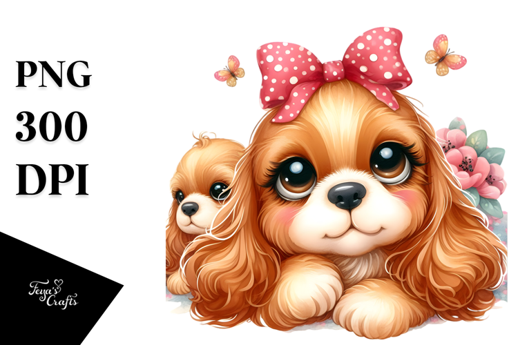 Happy Cute Cocker Spaniel Dog, Watercolor Art
