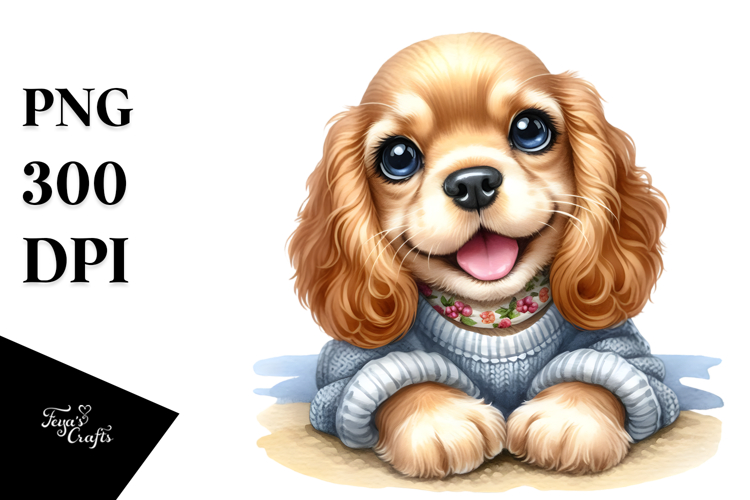 Happy Cute Cocker Spaniel Dog, Watercolor Design