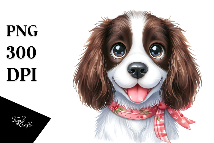 Happy Cute English Springer Spaniel Dog, Watercolor Art