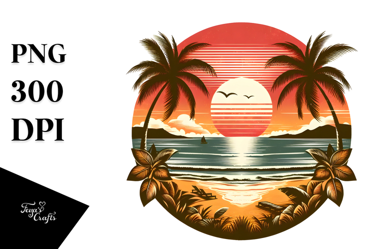 Vintage Beach Sunset Vector Clipart
