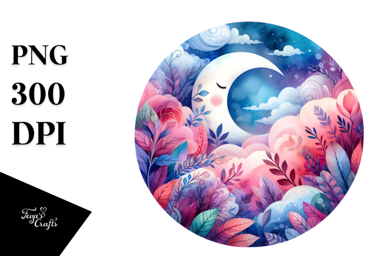 Vibrant Watercolor Whimsical Moon and Clouds | Clipart