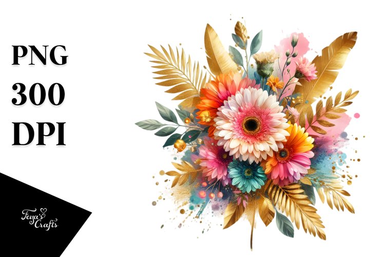 Watercolor Abstract Colorful Bouquet Gold Foil with Gerbera