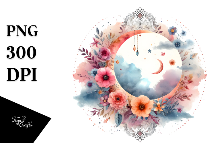 Vibrant Boho Moon with Flowers