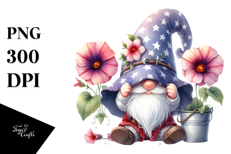 Cute Gnome with Morning Glory, Watercolor Art