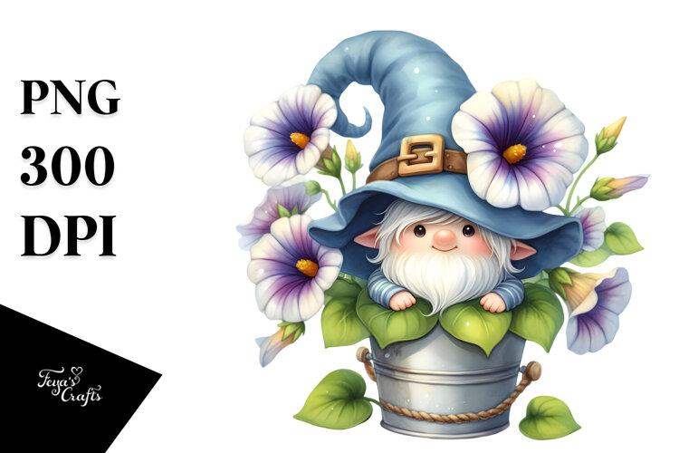 Cute Gnome with Morning Glory, Watercolor Design example image 1