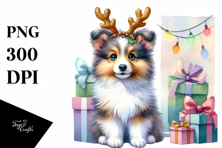 Energetic Shetland Sheepdog with Reindeer Horns PNG
