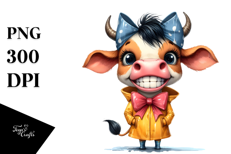 Watercolor Funny Cow with Bow and Raincoat | Clipart
