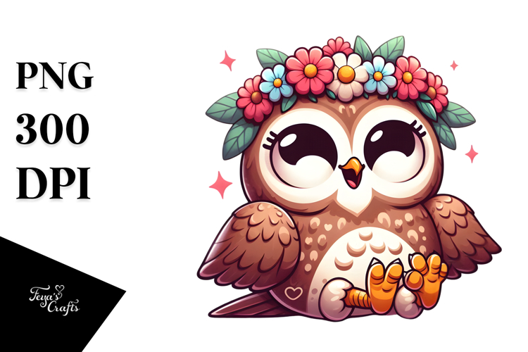 Silly Cartoon Owl with Flower Crown, PNG