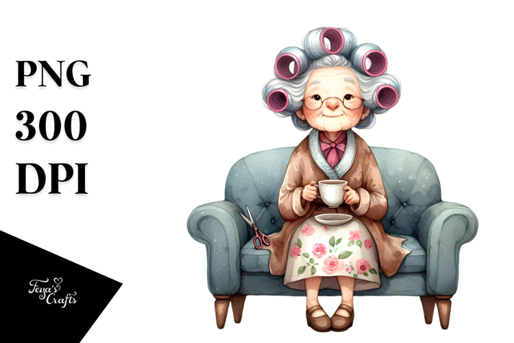 Watercolor Old Lady Sitting on Sofa | Sublimation Clipart
