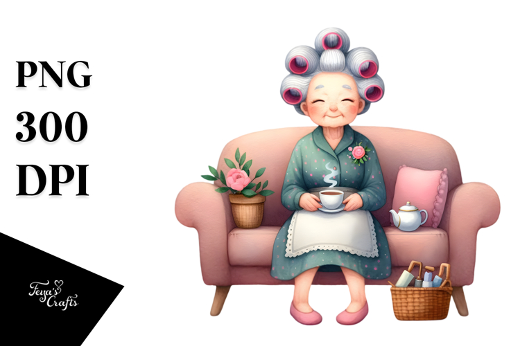 Watercolor Old Lady Sitting on Sofa | Sublimation Clipart