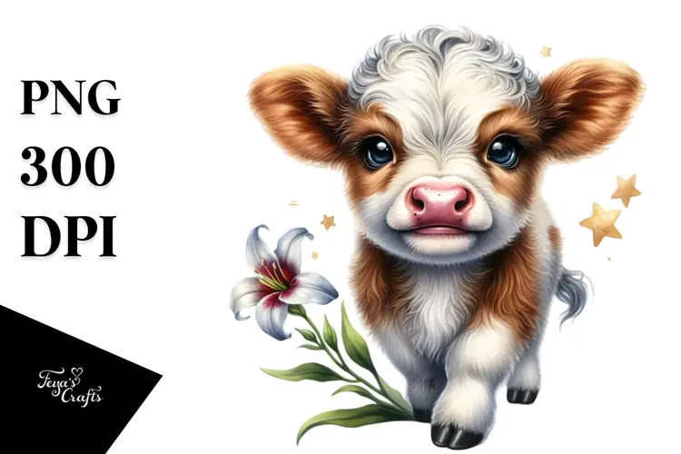 Watercolor Cute Baby Highland Cow with Lobelia PNG