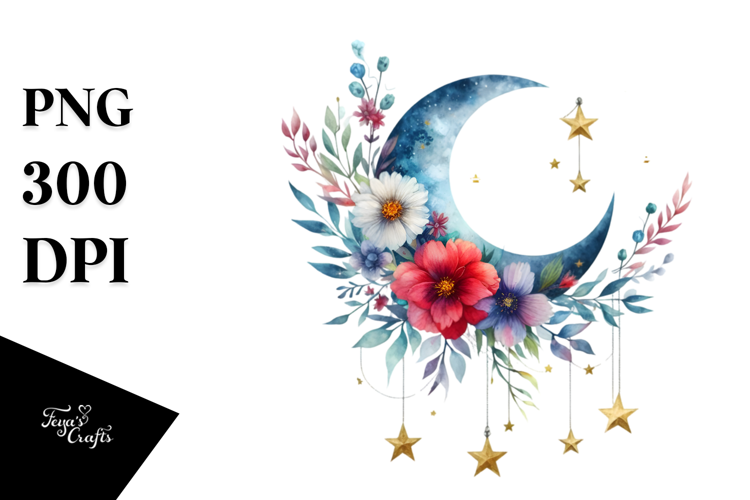 Vibrant Watercolor Boho Moon Flowers