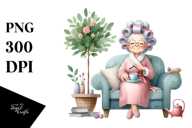 Watercolor Old Lady Sitting on Couch | Sublimation Clipart
