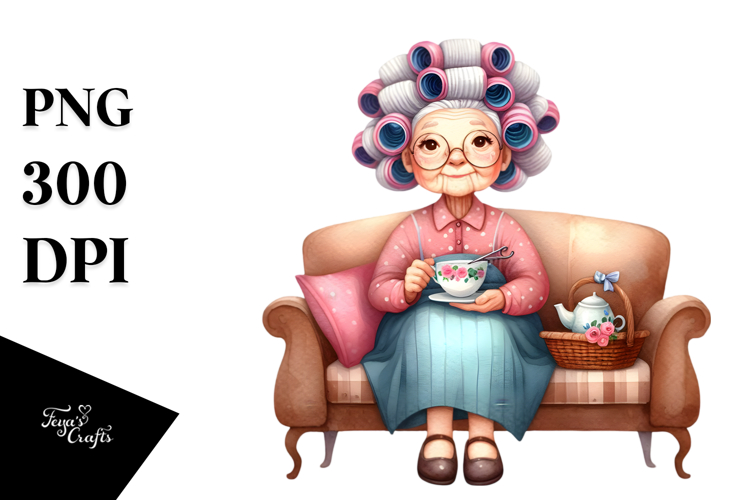 Watercolor Old Lady Sitting on Couch | Sublimation Clipart