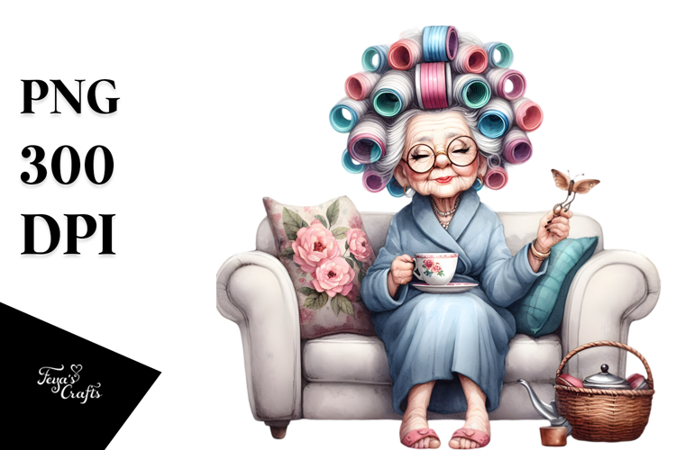 Watercolor Old Lady Sitting on Couch | Sublimation Clipart