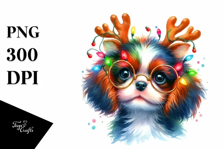 Vibrant Cavalier King Charles Spaniel with Reindeer Horns