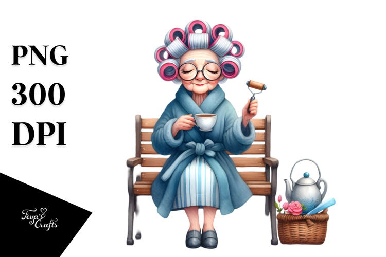 Watercolor Old Lady Sitting on Bench | Sublimation Clipart