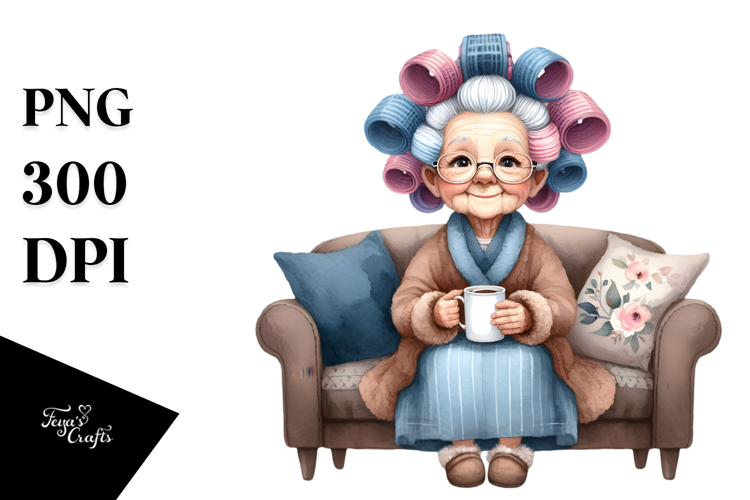 Watercolor Old Lady Sitting on Couch | Sublimation Clipart