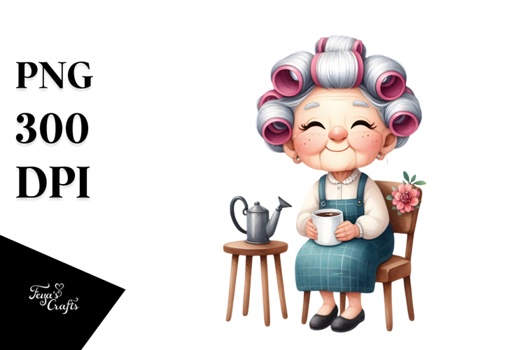 Watercolor Character Sitting on Chair with Mug | Sublimation