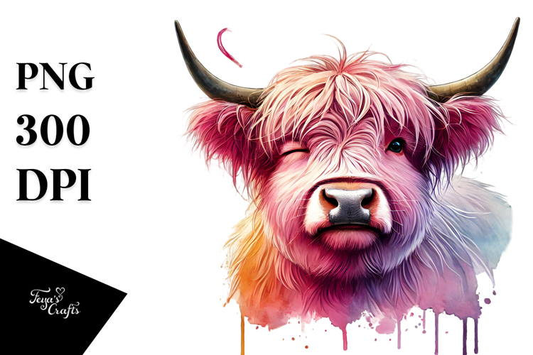 Winking Highland Cow, White PNG