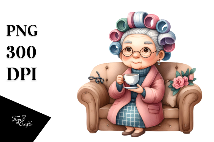 Watercolor Character Sitting on Couch with Tea Cup |