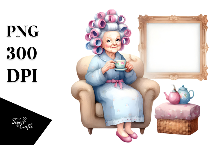 Watercolor Character Sitting on Couch with Tea Cup |