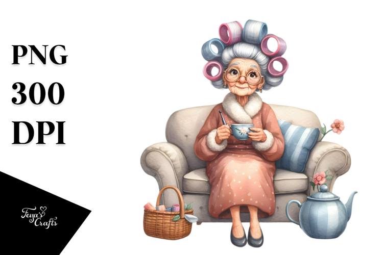 Watercolor Character Sitting on Couch with Tea Cup |