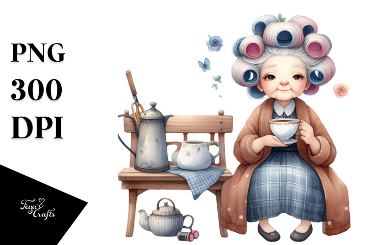 Watercolor Character Sitting on Bench with Tea Cup |