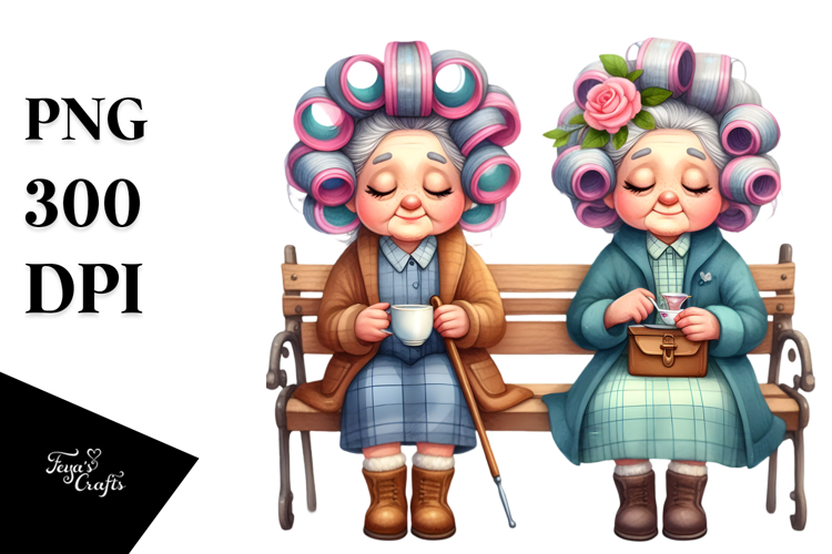 Watercolor Character Sitting on Bench with Tea Cup |