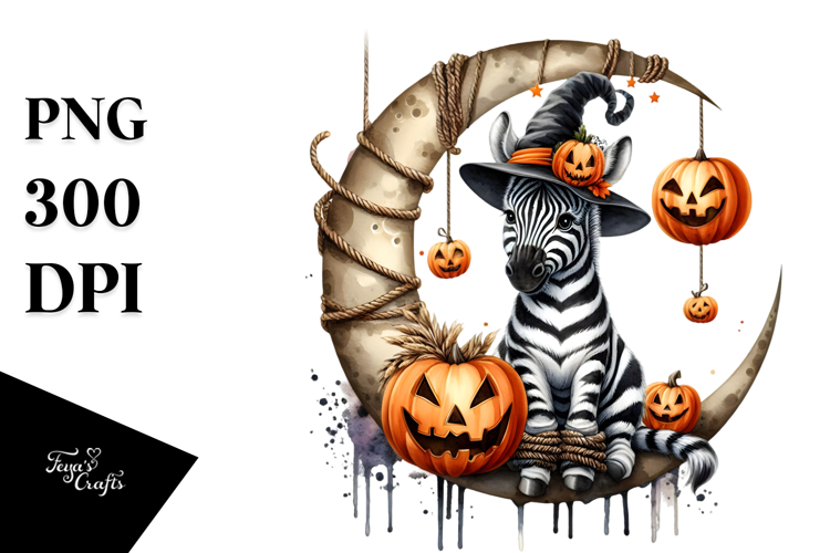 Halloween Zebra Sitting on Half Moon PNG