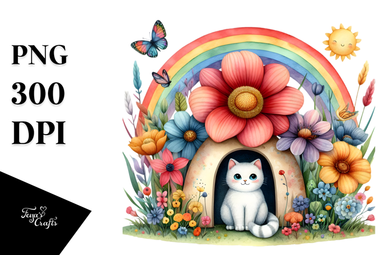 Watercolor Cat House with Colorful Scene | Sublimation