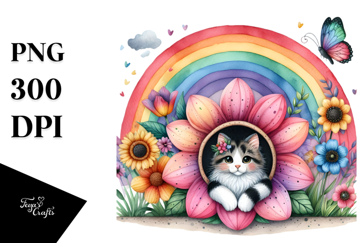 Watercolor Cat House with Colorful Scene | Sublimation