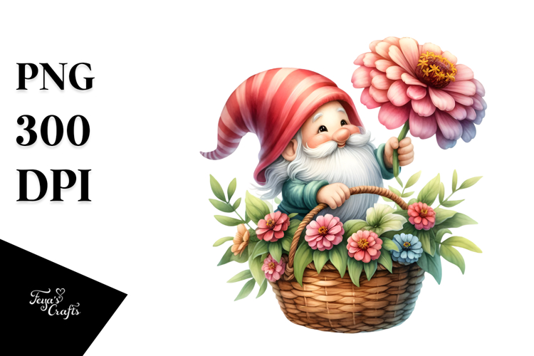 Floating Gnome with Large Zinnia PNG