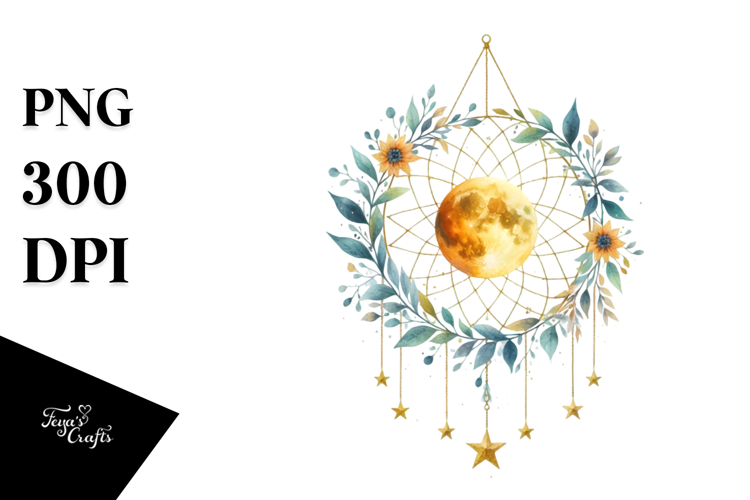 Vibrant Boho Moon with Foliage and Stars