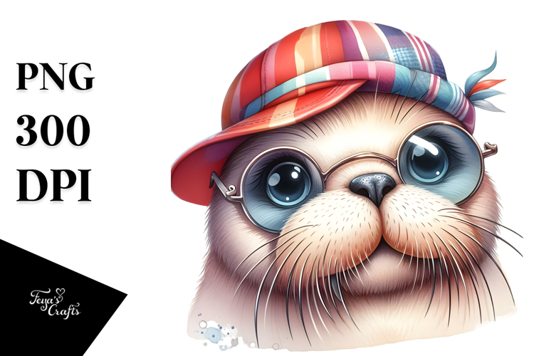 Cute Baby Walrus with Hat and Sunglasses, PNG