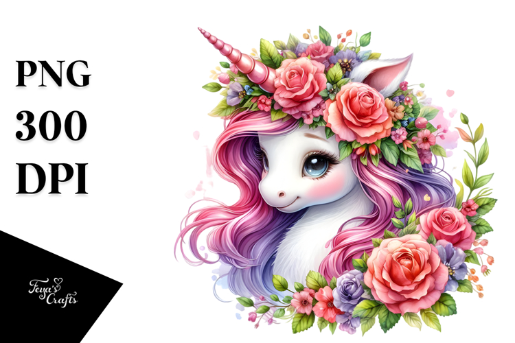 Cute Unicorn with Floral Wreath PNG example image 1