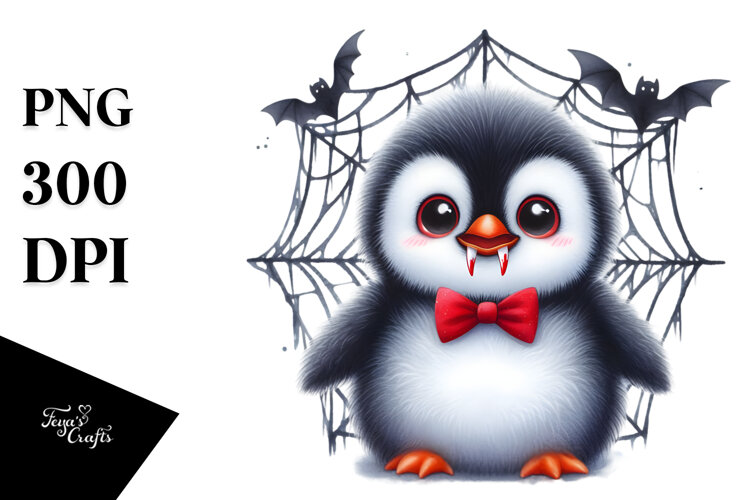 Baby Penguin in Front of Spider Web with Vampire Fangs example image 1