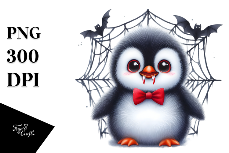Baby Penguin in Front of Spider Web with Vampire Fangs